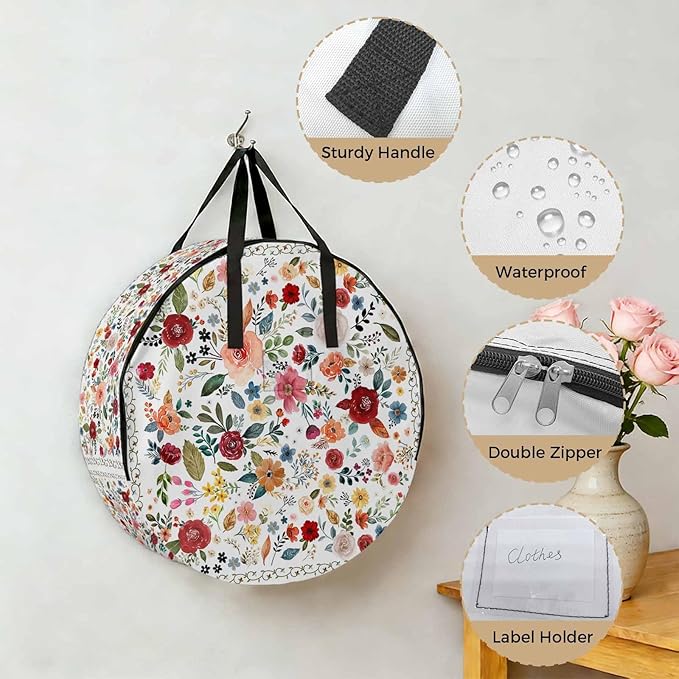 Storage Bag Cream Floral Round Storage Totes Bins Closet Organizers with Zippers & Handle Farmhouse Vintage Flower Clothes Storage Container for Bedroom Dorm Space Saving Packing Supplies Moving Bags