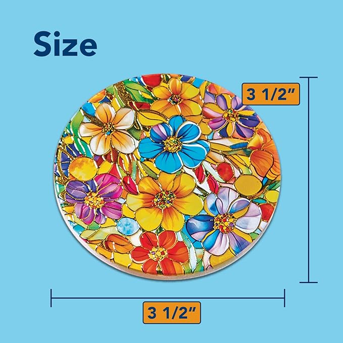 Bits and Pieces Set of 4 Drink Coasters Stained Glass Look Ceramic Coasters with Cork Backing, Bright Flowers with Gold Accents - 3 1/2" Floral Coaster Set
