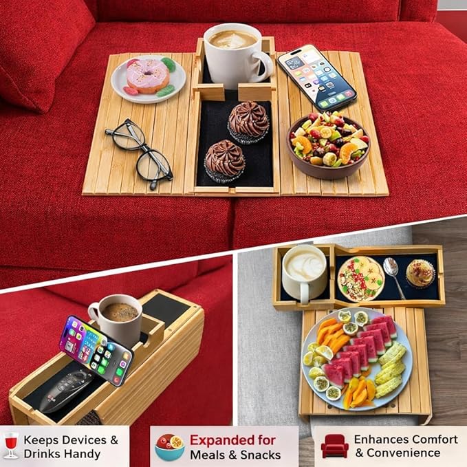 Bamboo Sofa Arm Tray Table with Detachable Couch Cup Holder - Fit for 4.5 Inches Wide Arms, Foldable Nonslip Sofa Armrest Tray for Drink, Snacks & Cell-Phone, TV-Remote – Space-Saving 17.7"x12.8"