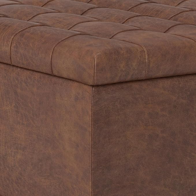 SIMPLIHOME Harrison Small Coffee Table Storage Ottoman - 30 inch Wide Upholstered Vegan Leather Square Lift-Top Ottoman in Distressed Saddle Brown, Transitional Ottoman for Living Room with Storage