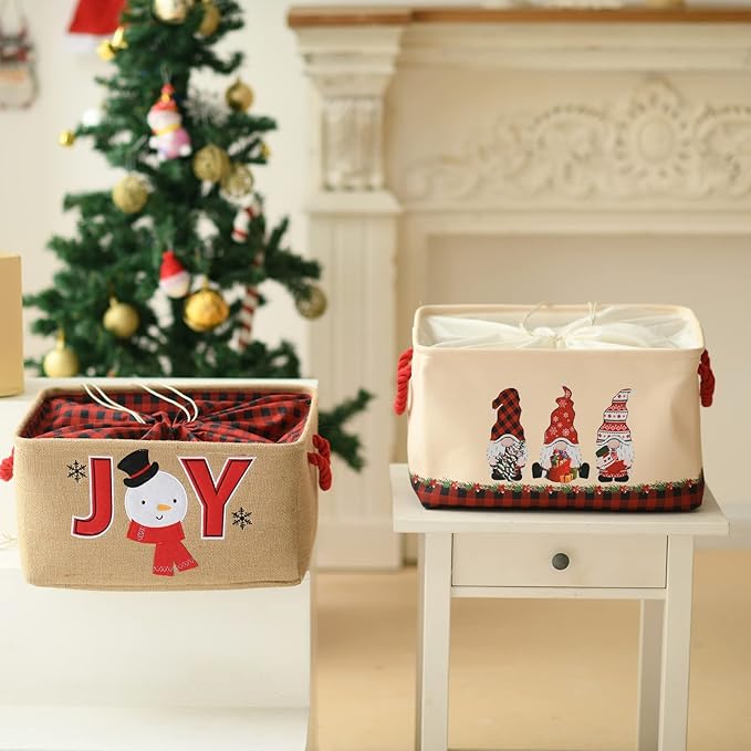 INough Christmas Baskets for Gifts Empty, Christmas Gnomes Basket, Large Gifts Bags for Holiday Ornaments Collapsible Storage Bins with Drawstring for Kidsroom (Large, Three Gnomes)
