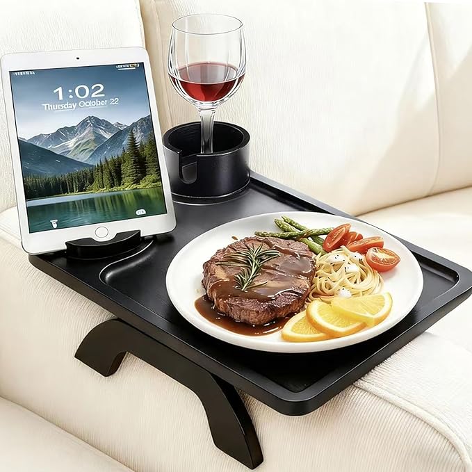 DUMOS Couch Arm Tray, 3 in 1 Clip on Sofa Arm Tray with 360° Rotating Phone Holder, Foldable Couch Armrest Table for Drinks & Snacks, Deep Black