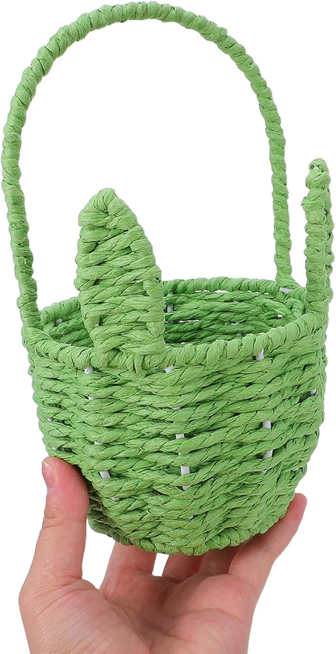 LOGOFUN Handwoven Paper Rope Bunny Ears Basket for Easter Egg Hunt Party Decoration and Candy Storage 8.2x4.9x3.3inches Green