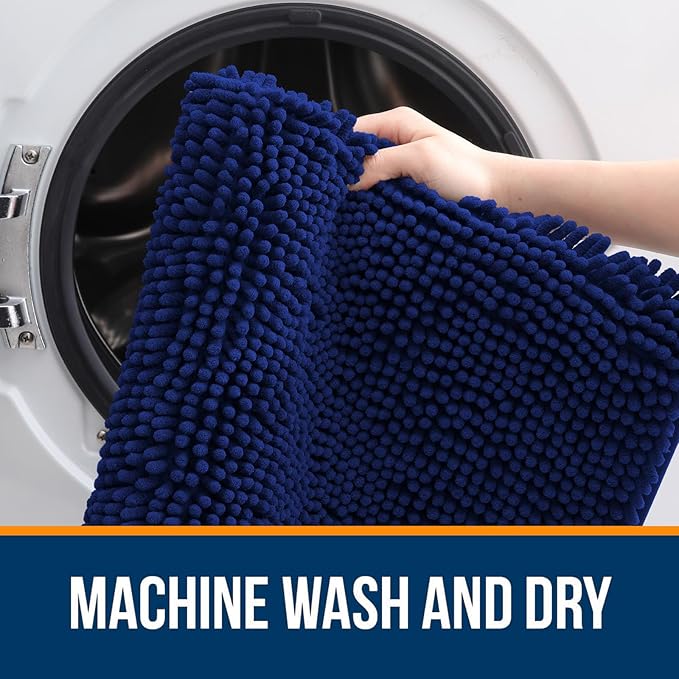 OLANLY Bathroom Rugs 32x20, Extra Soft Absorbent Chenille Bath Rugs, Rubber Backing Quick Dry, Machine Washable Bath Mats for Bathroom Floor, Tub and Shower, Home Decor Accessories, Navy