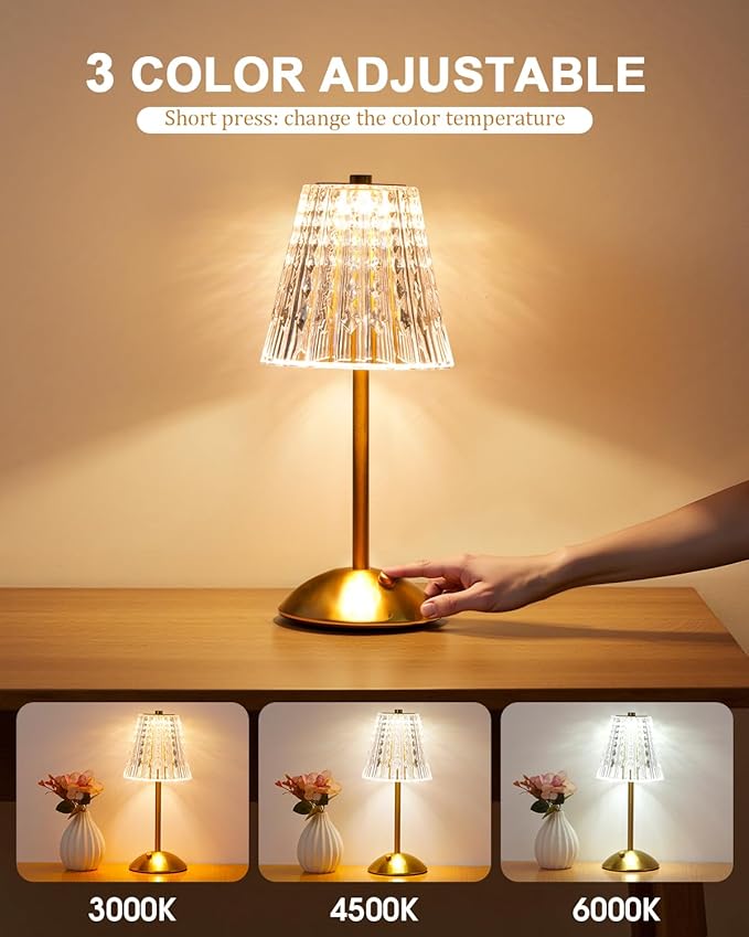 Nusogon Cordless Touch Table Lamp, LED Rechargeable Small Dask Lamp, 3 Colors Dimmable Battery Operated Crysta Lamp for Bedroom Restaurant Kitchen Home Decor, Gold, 2pcs