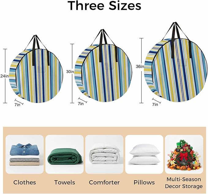 Storage Bag Navy Blue Striped Round Storage Totes Bins Closet Organizers with Zippers & Handle Geometric Yellow Stripes Clothes Storage Container for Bedroom Dorm Space Saving Packing Supplies Bags