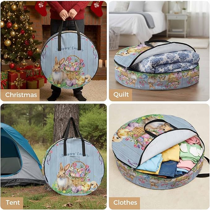 36 Inch Round Storage Bag 1 Pack,Happy Easter Bunny Egg with Basket Waterproof Wreath Storage Container with Handles&Zipper Flower on Farm Blue Wood Grain Closet Organizer Bags Garland Box