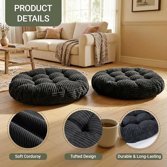 Large Floor Pillow for Adults, 22x22" Memory Foam Floor Cushion with Corduroy Cover, Round Floor Sitting Cushions for Meditation, Lounge,Seating for Yoga, Tatami Living Room (2, Round-Black)
