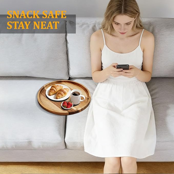 Acacia Wood Sofa Tray, Folding Couch Table Insert for Middle Portable Couch Armrest Trays Perfect for Drinks, Snacks, Phone, Remote Control (Circle)