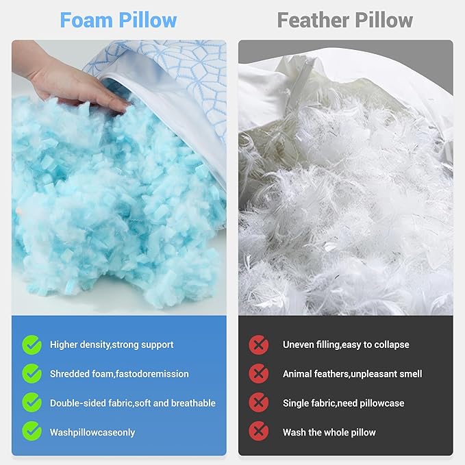 puredown® King Size Pillows Set of 2, Cooling Pillow King Size 2 Pack, Adjustable Shredded Memory Foam Pillows for Side Back Stomach Hot Sleepers, Ice Blue