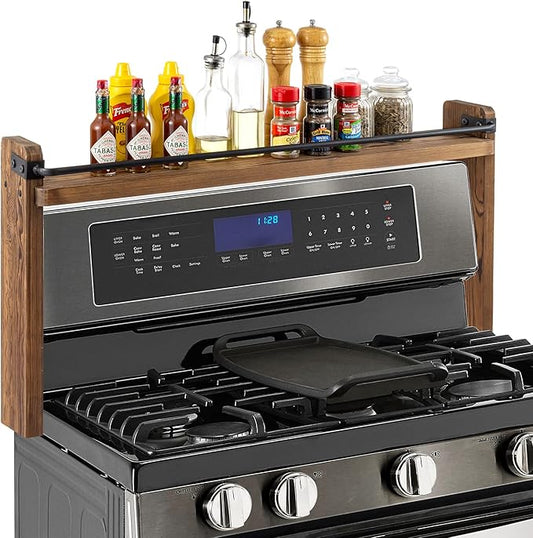 MyGift 33 Inch Stove Top Spice Rack - Deluxe Rustic Burnt Solid Wood and Industrial Black Metal Space Saving Over The Stovetop Range Storage Display Shelf