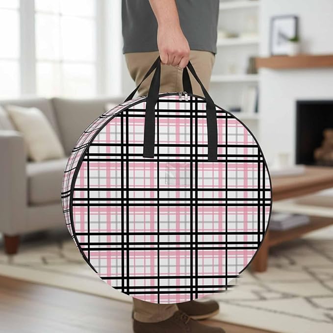 Storage Bag Pink Buffalo Plaid Round Storage Totes Bins Closet Organizers with Zippers & Handle Black Check Stripe Clothes Storage Container for Bedroom Dorm Space Saving Packing Supplies Moving Bags