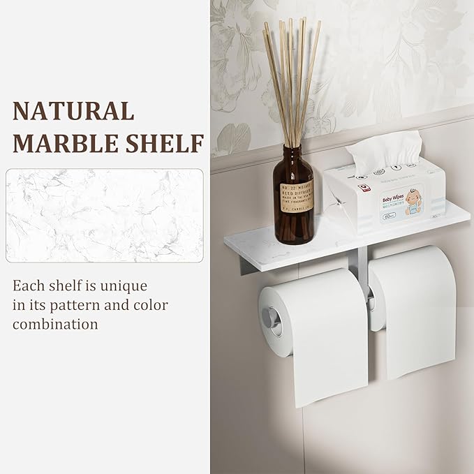 BWE Double Toilet Paper Holder with Shelf, Wall Mounted Tissue Roll Holder for Bathroom, Commercial Toilet Paper Dispenser, Marble Toilet Paper Storage Holder with Phone Shelf (Brushed Nickel)