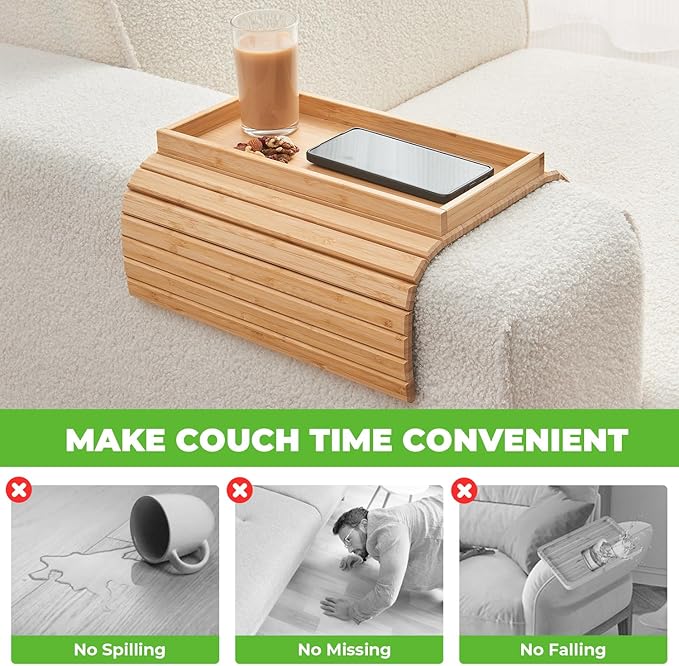LOVYANXUE Bamboo Sofa Arm Tray, Anti Falling Couch Arm Tray Table, Foldable Couch Armrest Table, Portable Sofa Armrest Trays Cup Holder for Drink, Cups, Phone, Snacks, Remote