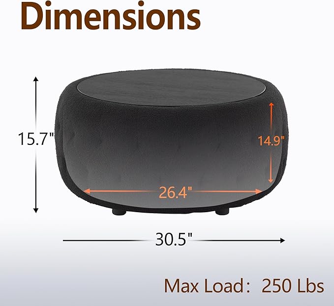 Large Round Storage Ottoman Coffee Table with Wooden Tabletop, 30.5 Inches Teddy Fleece Tufted Ottoman for Living Room, Bedroom, Apartments (Black)