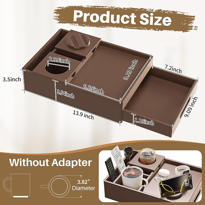 Couch Cup Holder Tray, 7-in-1 Couch Caddy Tray, Sofa Side Table with Push-Pull Drawer to Organize and Store Small Objects, 360°Swivel Phone Holder, for Drinks, Cups, Snacks, Remote（Chestnut）