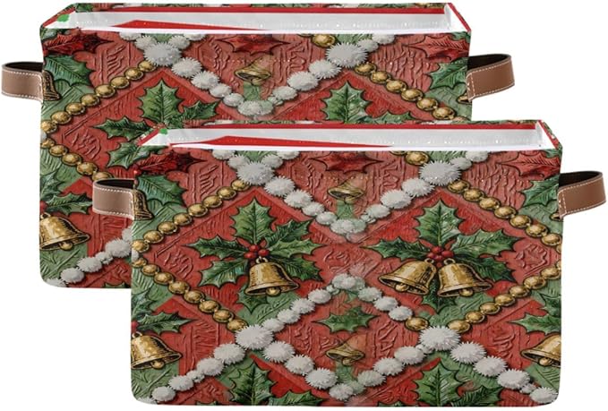 Christmas Storage Basket, Collapsible Canvas Box with Leather Handles, 14.2x10.2x8.3 Inches, Festive Holiday Pattern, Water Resistant, Rectangular Organizer for Bedroom Storage