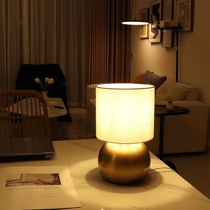 Modern Golden Small Table Lamp with Cotton Linen Shade, 10.4-inch LED Desk Light, One-Button Switch for Bedroom, Living Room, Nightstand, Includes Warm Light Bulb