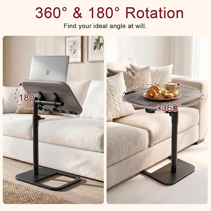 Height Adjustable Tv Trays Table for Sofa, Modern Angle Adjustable 360° Swivel and 180° Tilt Flip-Over Panel C Shaped Side Tables with Tablet Slots for Phone Computer (Grey)