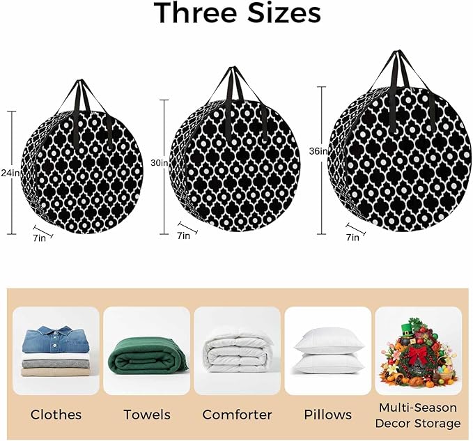 Storage Bag Retro Moroccan Design Round Storage Totes Bins Closet Organizers with Zippers & Handle Black Geometric Pattern Clothes Storage Container for Bedroom Dorm Space Saving Packing Supplies Bags