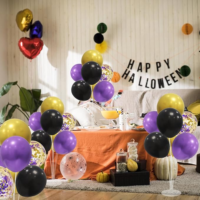 ZJDHPTY Halloween Decorations Balloon Stand with Purple Black and Gold Balloons Balloon Centerpieces for Birthday Bridal Shower Wedding Retirement Graduation New Years (Purple black gold set4)