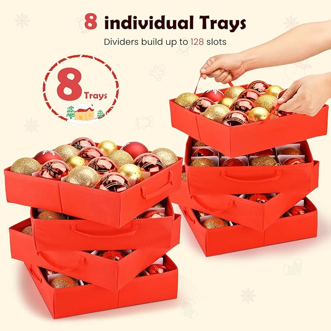Plastic Christmas Ornament Storage Box with Adjustable Dividers, Waterproof Christmas Storage Containers Keep 128 Capacity, Dual Zippers, Ornament Organizer to Store Holiday Decor-Snowman