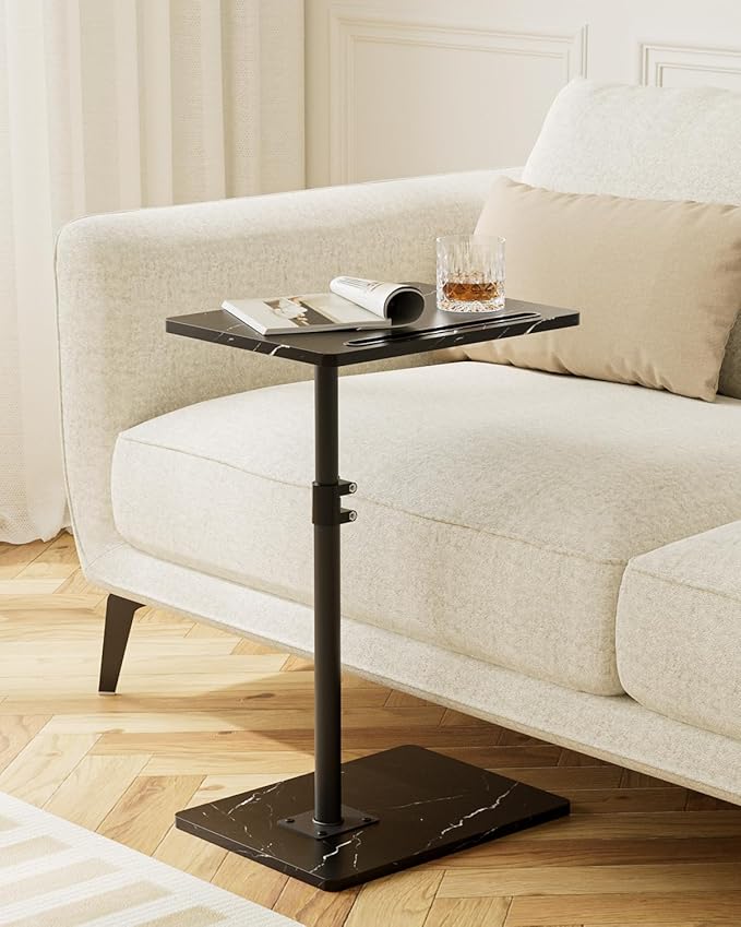 Masupu Sofa Arm Tray Table - 360° Swivel Height Adjustable End Table, Small Snack Side Table for Couch, C Shaped Table for Bed, Chair or TV Tray Table(Marble Black)