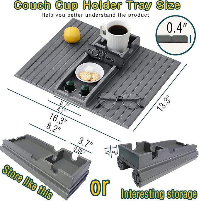 Bamboo Couch Cup Holder Arm Tray，Foldable Couch Drink Holder Armrest Table，Sofa Arm Rest Tray，Flexible Arm Chair Table Recliners for Drink,Cups, Snacks, Phone, Remote (Grey)