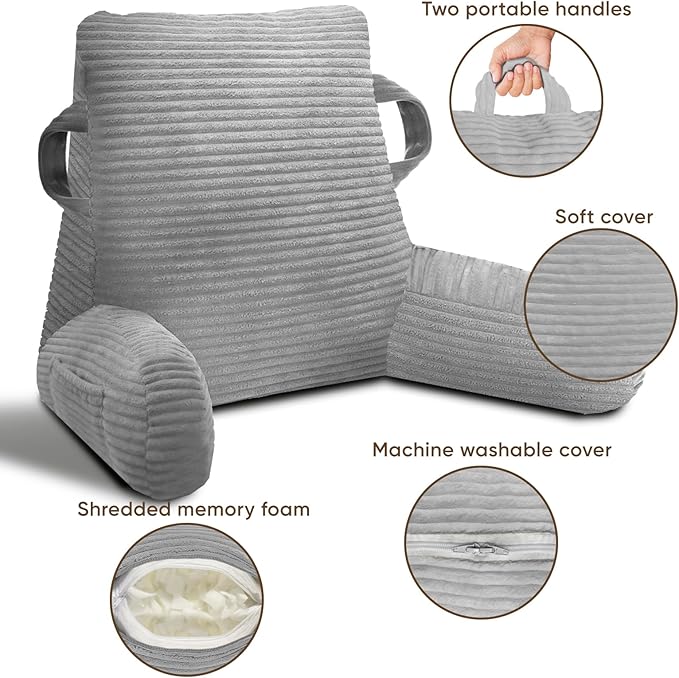 Reading Pillow for Sitting in Bed Adult, Bed Reading Pillow with Shredded Memory Foam, Back Pillow for Sitting with Arms and Pockets, LightGrey