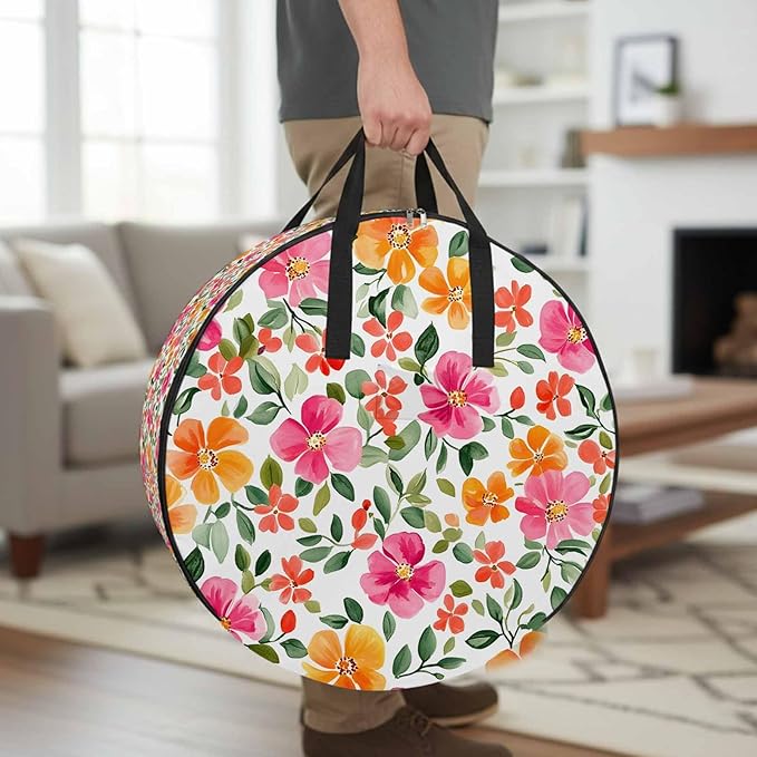 Red Yellow Floral Round Storage Bag 36 Inch, Retro Spring Leaves Flower Clothes Storage Container with Handles Heavy Duty Organizer for Comforter, Bedding & Holiday Wreaths
