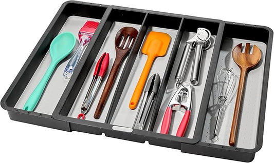 madesmart Expandable Utensil Tray, 8 Compartment Organizer for Forks, Knives & Spoons, Deep Storage for Ladles, Whisks & Serving Tools Non Slip, Soft Grip Base, Expands to Fit Most Drawers, Carbon