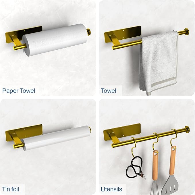 Paper Towel Holder Under Cabinet, Gold Adhesive Paper Towel Holder Wall Mount for Kitchen, Bathroom, RV, Bend-Resistant, Self-Adhesive or Drill mounting, Stainless Steel, 2 Pack