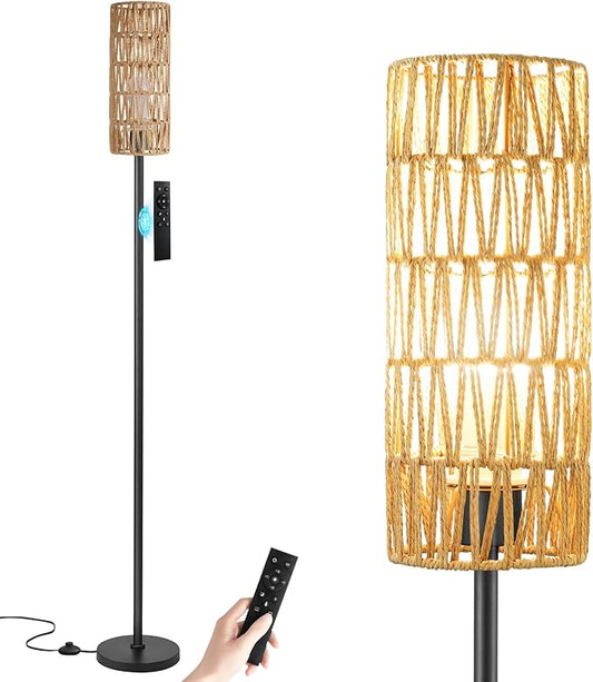 Ambimall 64'' Floor Lamps for Living Room with Remote Control and Stepless Dimmable Colors Temperature & Brightness, Boho Black Standing Lamp with Beige Rattan Shade