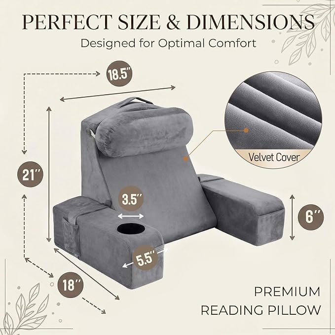 AS AWESLING 21 INCH Reading Pillow for Adults, Back Pillow for Bed Sitting Up, Backrest Pillow for Sitting in Bed, Detachable Arms with Built-in Cup & Phone Caddy (Gray, 21 INCH)