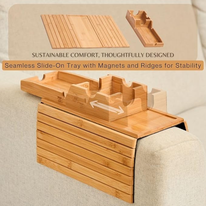 Couch Cup Holder Tray - Portable Sofa Arm Tray Table - Anti-Spill Armchair Caddy Couch Arm Table Snack Organizer with Removable Tray - Remote Control Holder Perfect for Cups, Snacks, Phone