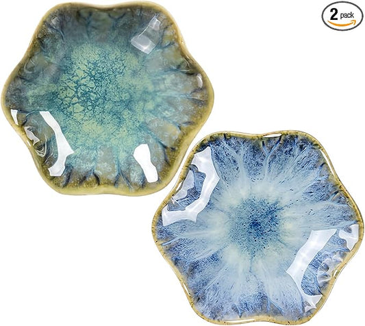 2Pcs Ceramic Jewelry Dish - Lotus Leaf Shape, for Ring Holder Necklace Small Key, Suitable for Mother Friend Sister, Gifts for Women, Cute Plate Trinket Tray, Home Decor (Crystal Green & Light Blue)