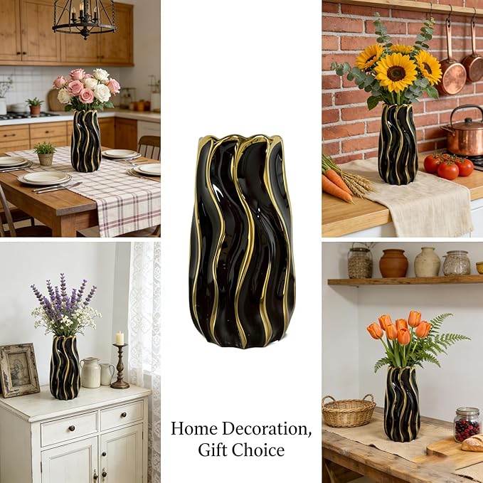 Black Ceramic Vase for Home Decor, Vertical Stripe Decorative Flower Vase for Bedroom, Office, Living Room, Bathroom, Tabletop Decor