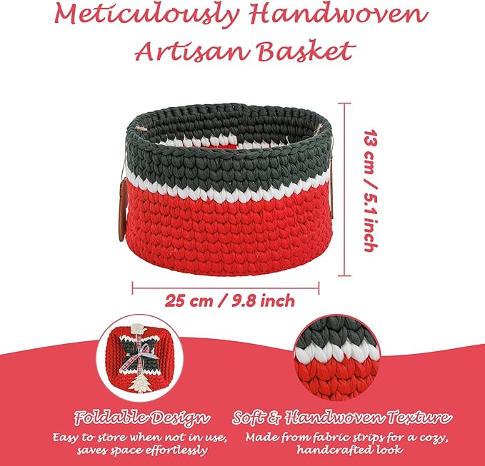 Handwoven Christmas Basket Fabric Christmas Gift Basket Empty with 2 DIY Wooden Tags – Foldable, Soft & Sturdy Holiday Storage Baskets Red Storage Bin for Ornaments, Toys, Snacks, Home Decoration