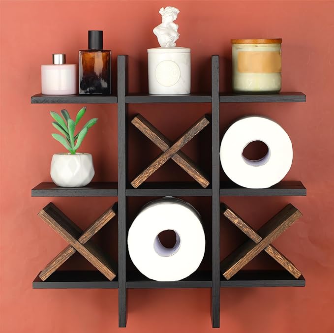 Weysat Tic Tac Toe Toilet Paper Holder Stand Bathroom Wall Decor Rustic Wooden Hanging Storage Freestanding Wall Mounted Shelves Decor for Toilet Tissue Farmhouse
