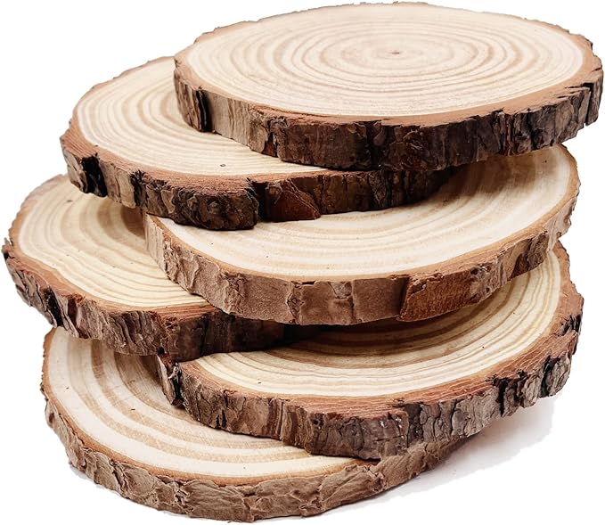 Natural Round Discs Rustic Wood Slices 6 Pcs 6.3-6.7 inch Unfinished Wood kit Circles Crafts Tree Slices with Bark Log Discs for DIY Arts and Wedding Christmas Ornaments