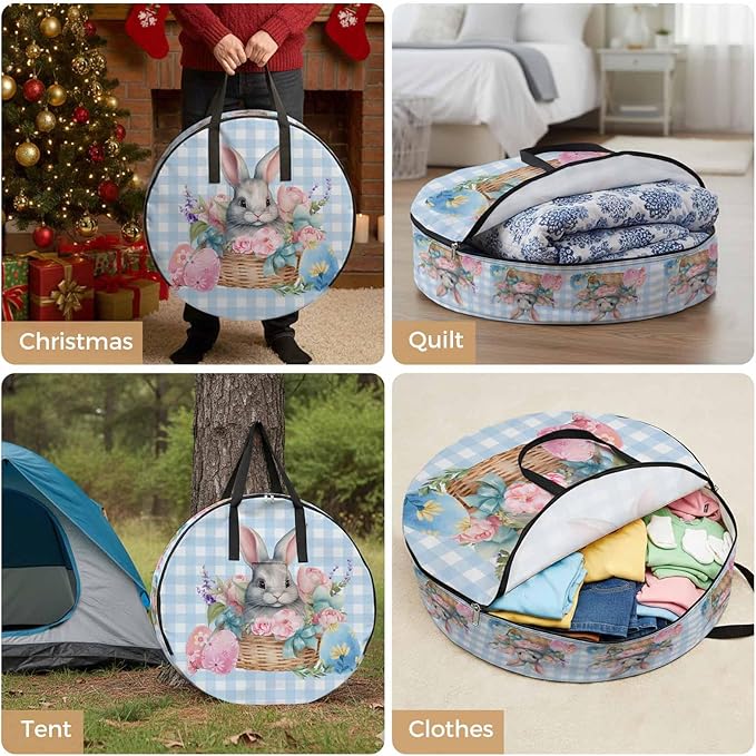24 Inch Round Storage Bag 2 Pack,Easter Day Natural Floral Rabbit Eggs Waterproof Wreath Storage Container with Handles&Zipper Blue Colorful Check Closet Organizer Bags Garland Box