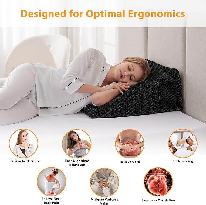 Ruqmuis Wedge Pillow for Acid Reflux, Bed Wedge Pillow for Headboard 10", Pillow Wedge for Back Pain Relief, Post Surgery, Elevated Pillows for Sleeping, Snoring, Triangle Pillow with Cover, Black