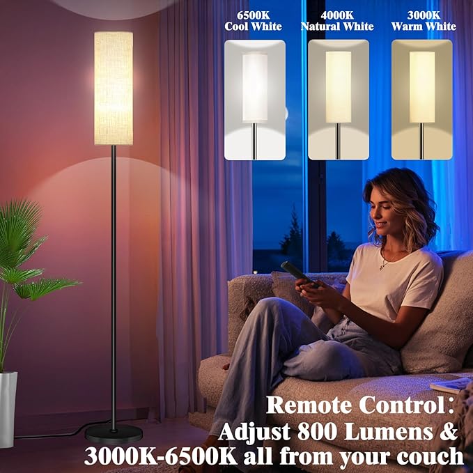Qaubauyt Smart LED Floor Lamp with APP Control & RGB Colors - Dimmable Standing Lamp for Living Room, Bedroom, Gaming - Remote, Timer, 9W Bulb Included, 67" Modern Tall Lamp (C:Black Beige)