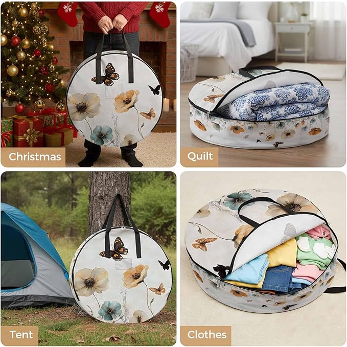 Blue Brown Floral Round Storage Bag 36 Inch, Butterfly Plant Pastoral Style Clothes Storage Container with Handles Heavy Duty Organizer for Comforter, Bedding & Holiday Wreaths