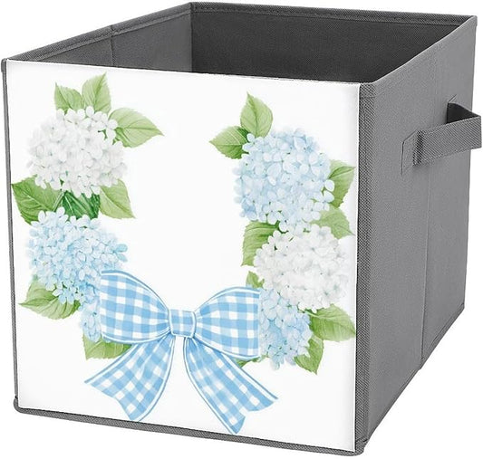 Watercolor White Hydrangea Flowers Wreath Cube Storage Bins Storage Cubes Foldable Decorative Fabric Storage Baskets Home Organizers with Handles for Shelves,Closet, 10.6 X 10.6 Inch