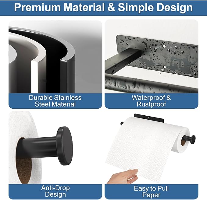 CUXIXA Paper Towel Holder Under Cabinet, Upgraded Self Adhesive Paper Towel Holder Wall Mount for Kitchen, Bathroom, RV, Bend-Resistant, Self-Adhesive or Drill mounting