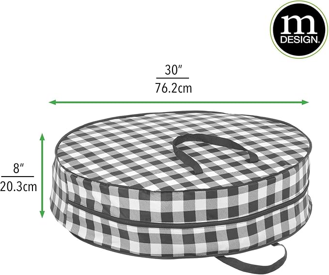 mDesign Round 30" Wreath Storage Container with Handles, Fabric Christmas Wreath Storage Bag, Protector, Garland Storage Bag Container, Holiday Decoration Organizer - 2 Pack, Buffalo Plaid Black/White