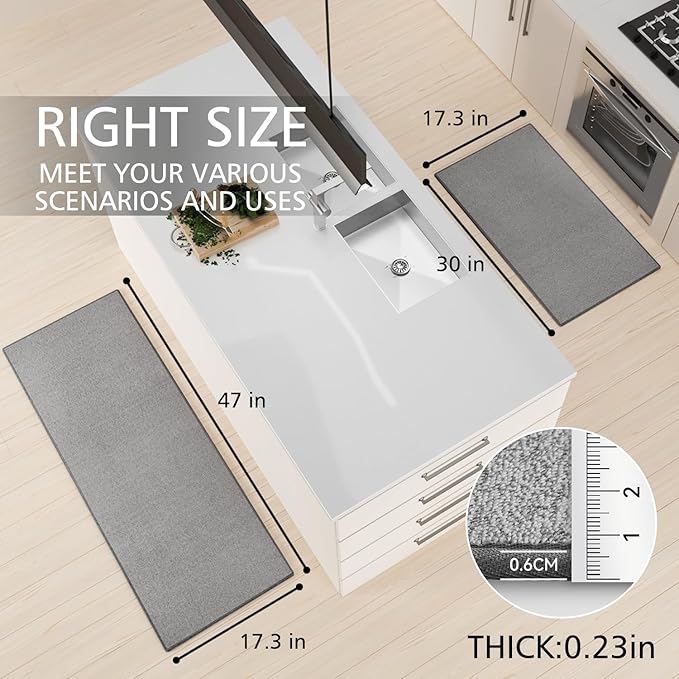 SUMLANS Kitchen Mat Set of 2 PCS, Cushioned Non Slip Rugs for Kitchen Floor, Absorbent Runner Comfort Standing Mats Washable for Kitchen, Office, Home (Grey-Velvet, 17.3"x47"+17.3"x30")