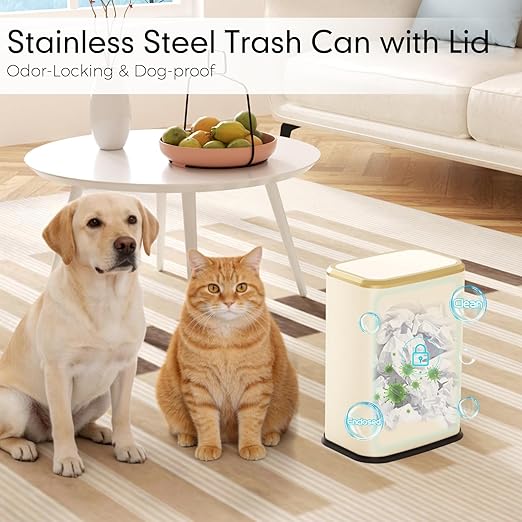 Bathroom Trash Can with Lid 8L/2.1 Gallon Beige Trash Can Small Garbage Can with Swing Top Lid Slim Stainless Steel Garbage Can with 100 Counts Trash Bags for Bathroom Bedroom Kitchen Office Toilet