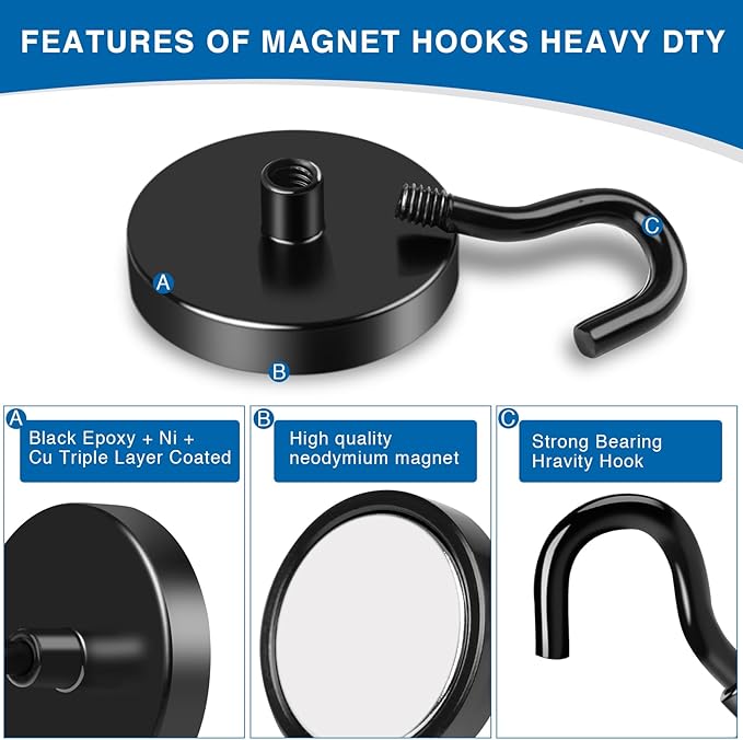 LOVIMAG Magnetic Hooks, 130LBS Strong Magnets Hooks Heavy Duty for Cruise Cabins, Black Magnet with Hooks for Refrigerator, Magnetic Hook for Ceiling Hanging, Grill, Metal Door, etc - 6 Pack